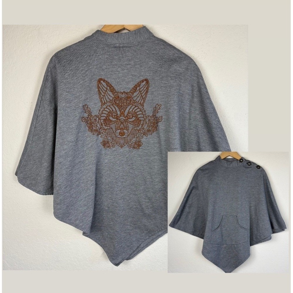 Celtic Fusion Poncho Embroidered Fox Boho Medieval Ren Faire Gray Cottage OS